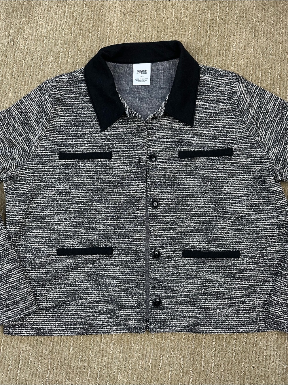 Smash + Tess x Jamie Pandit Jamie Cardigan Jacket Black White Tweed Knit Sz Lg